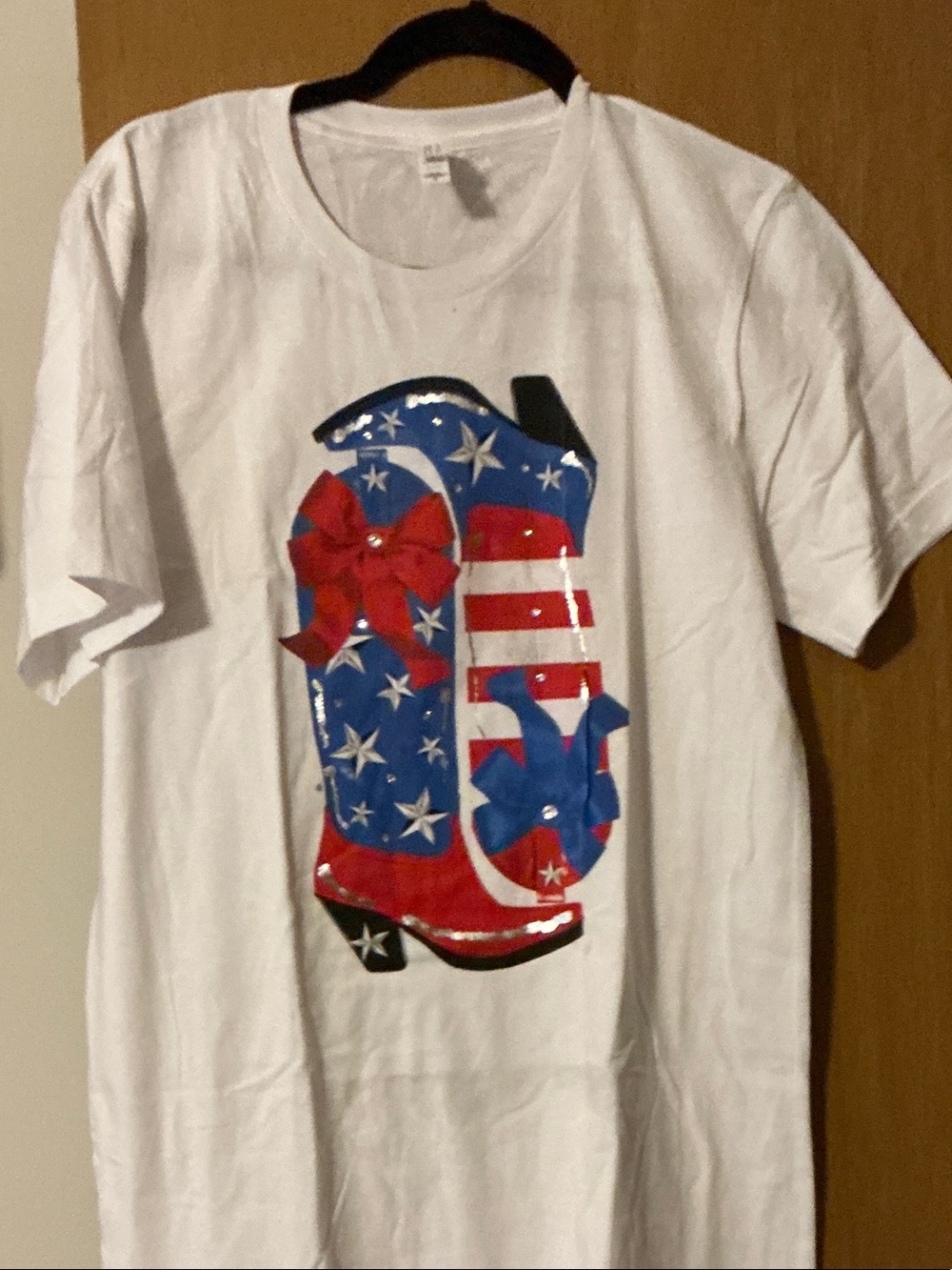 White womens Tee with Patriotic Boot Graphic